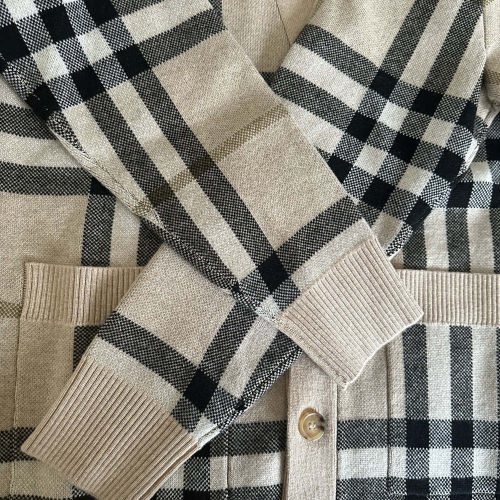Burberry Signature Check Jacquard Cardigan Wool Cashmere in Beige | size  L - Picture 12 of 12